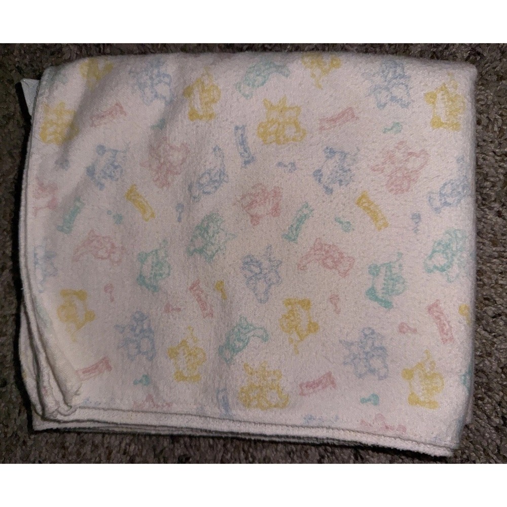 Vintage Carter's Flannel Receiving Blanket Bears Bunnies Rattles Toys Faded Read